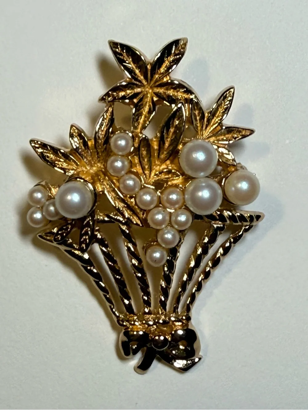 Vintage CHRISTIAN DIOR Gold Plated Floral Basket with Faux Pearl Blossom Brooch